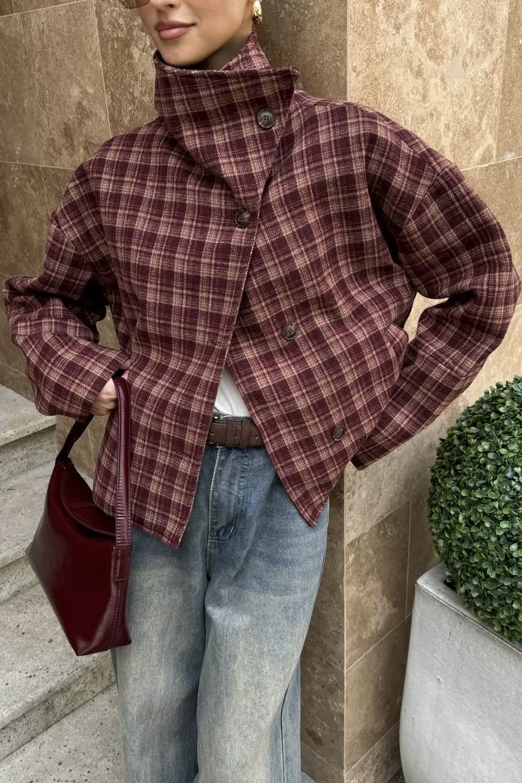 Edith Plaid Wool-Blend Coat in burgundy plaid – styled look
