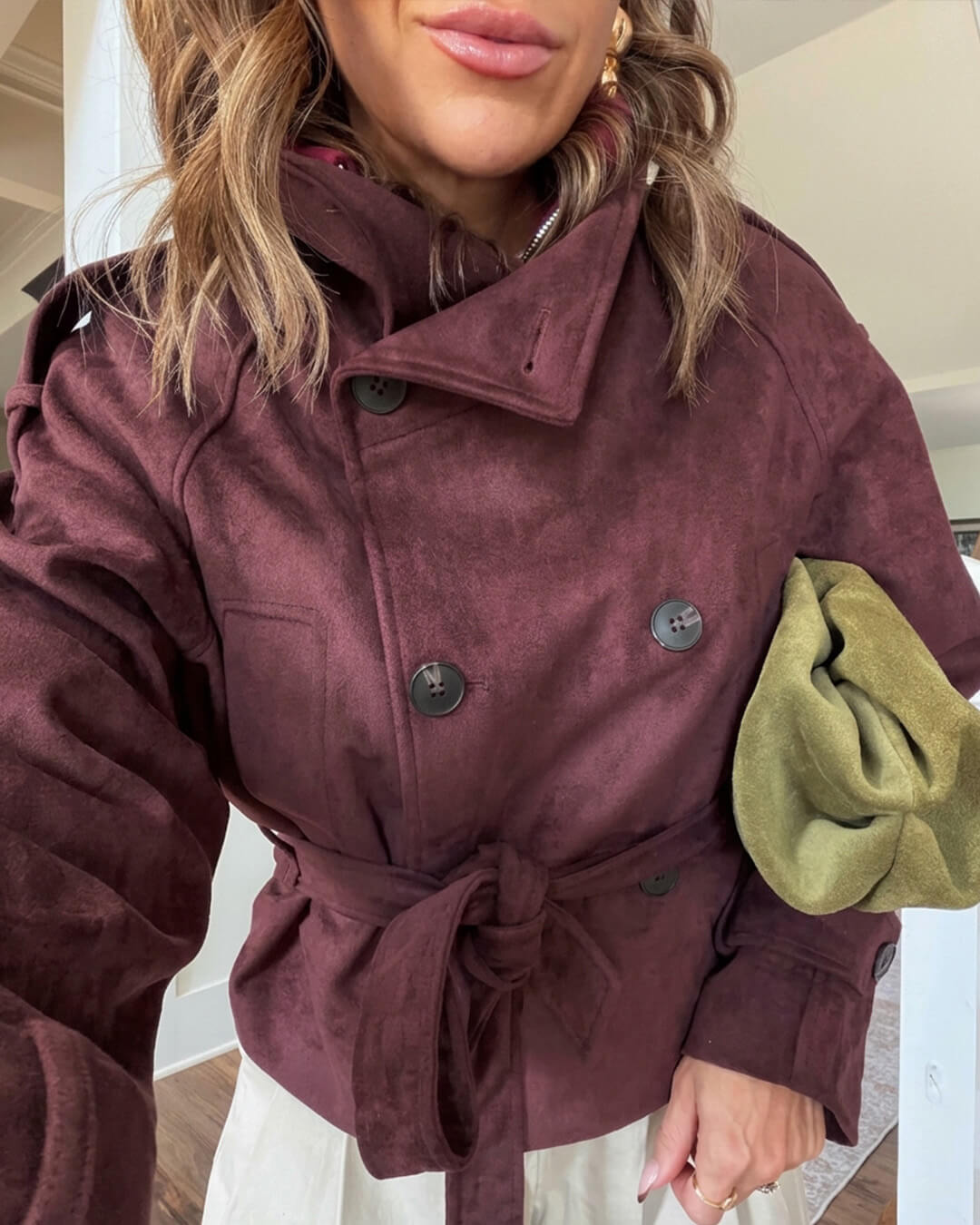 Ines Funnel-Neck Belted Faux Suede Jacket in burgundy – styled look