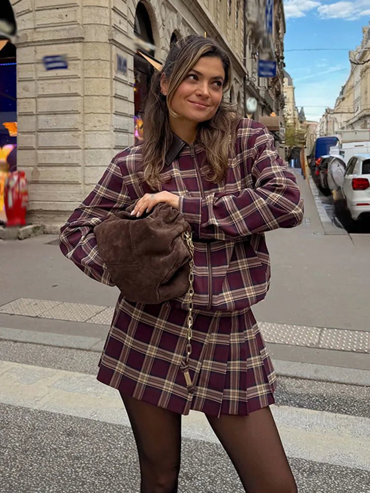 Josefine Check Bomber & Skort Co-ord in burgundy check – styled look