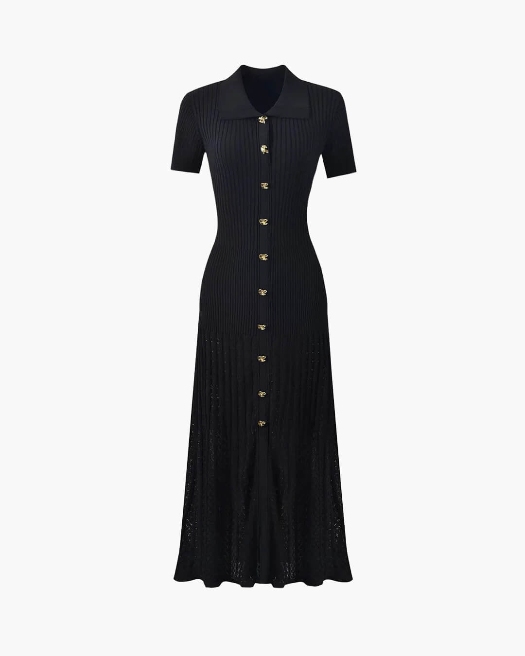 Affra stickad maxiklänning med nedvikt krage