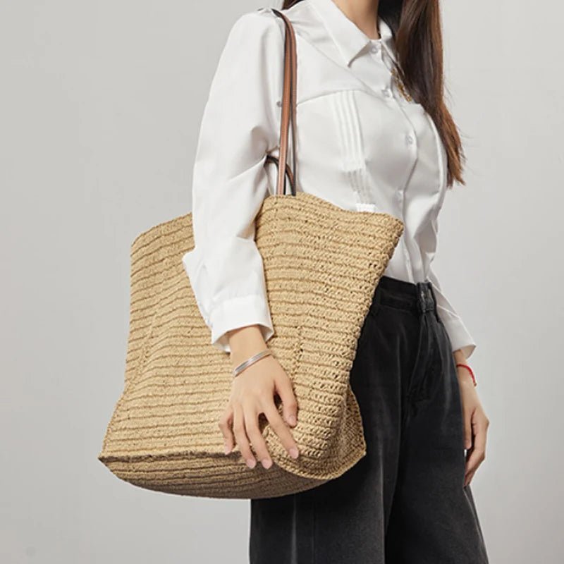 Aimee Handwoven Straw Tote Bag in Dark Brown, side view