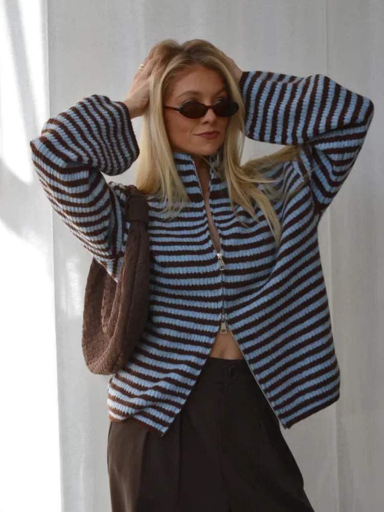Angela randig stickad cardigan med polokrage