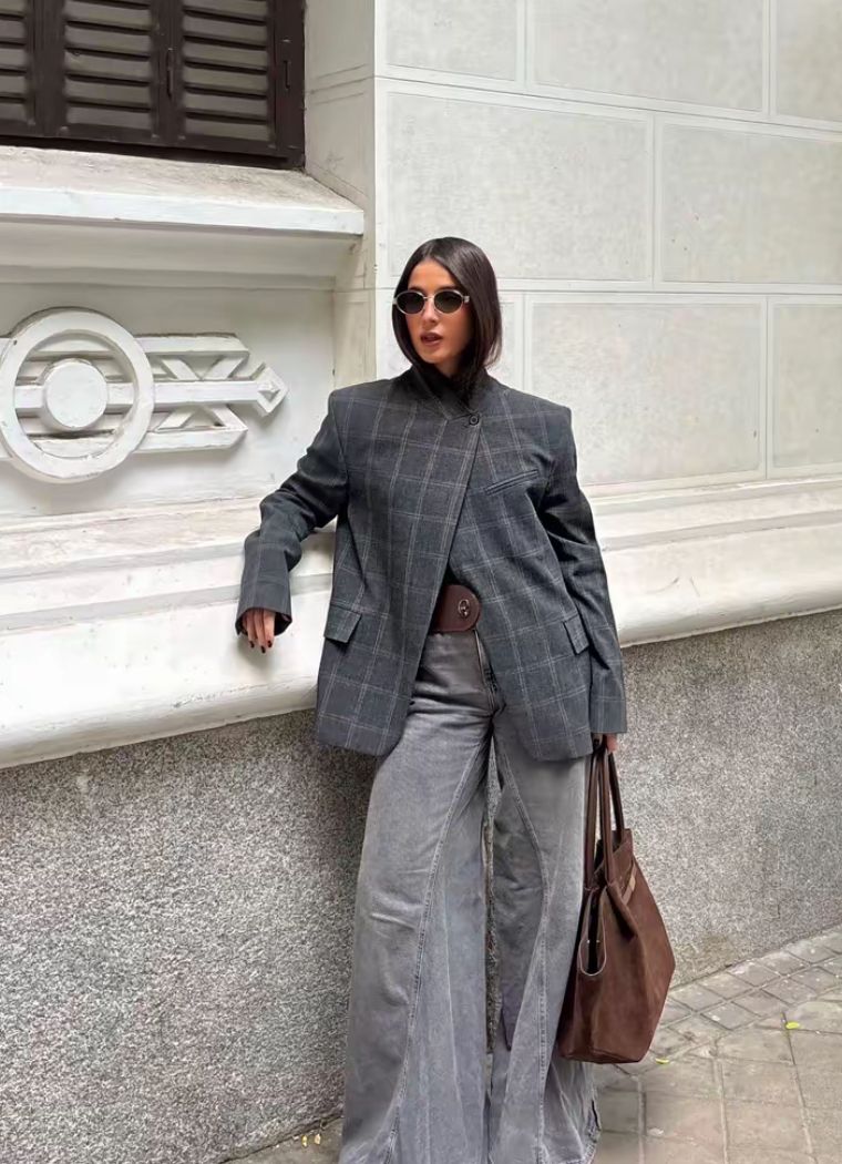 Aurelia Stand Collar Plaid Blazer