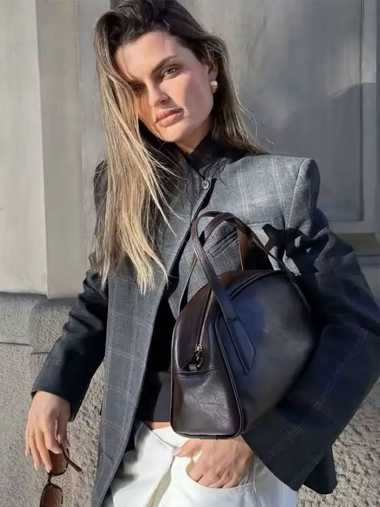 Aurelia Stand Collar Plaid Blazer