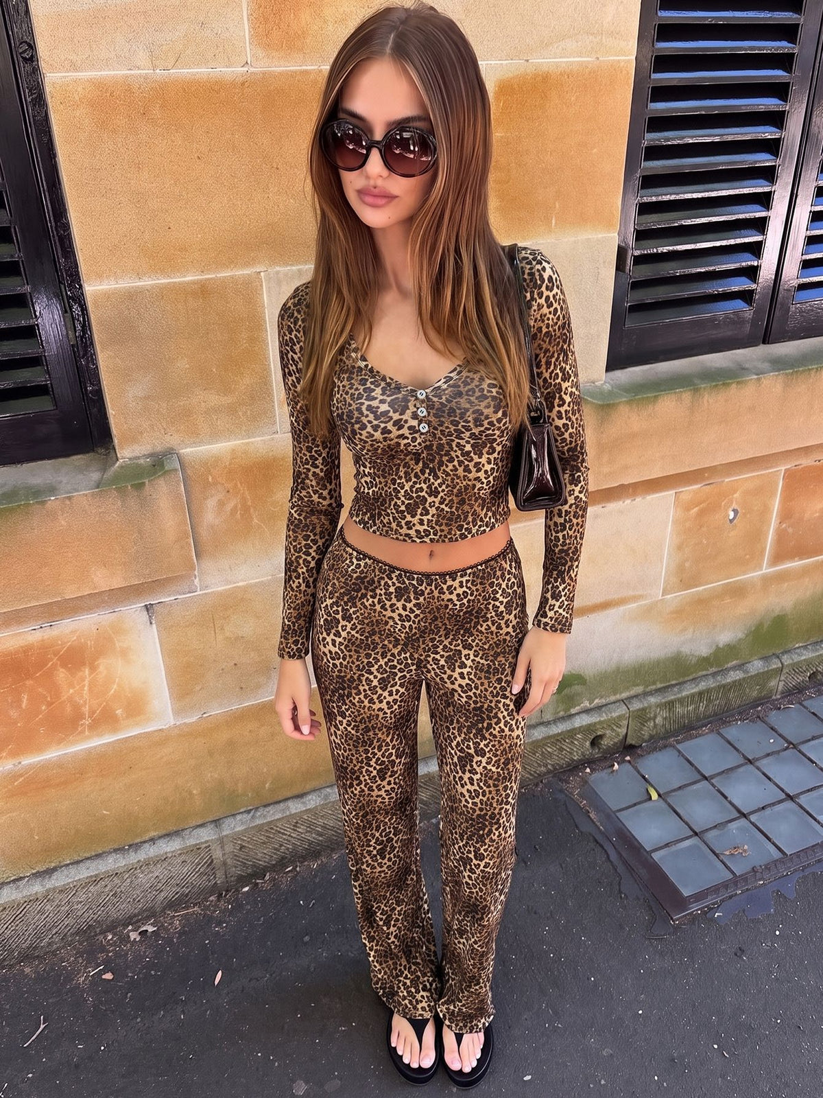 Jade leopardmönstrat set med topp och byxor