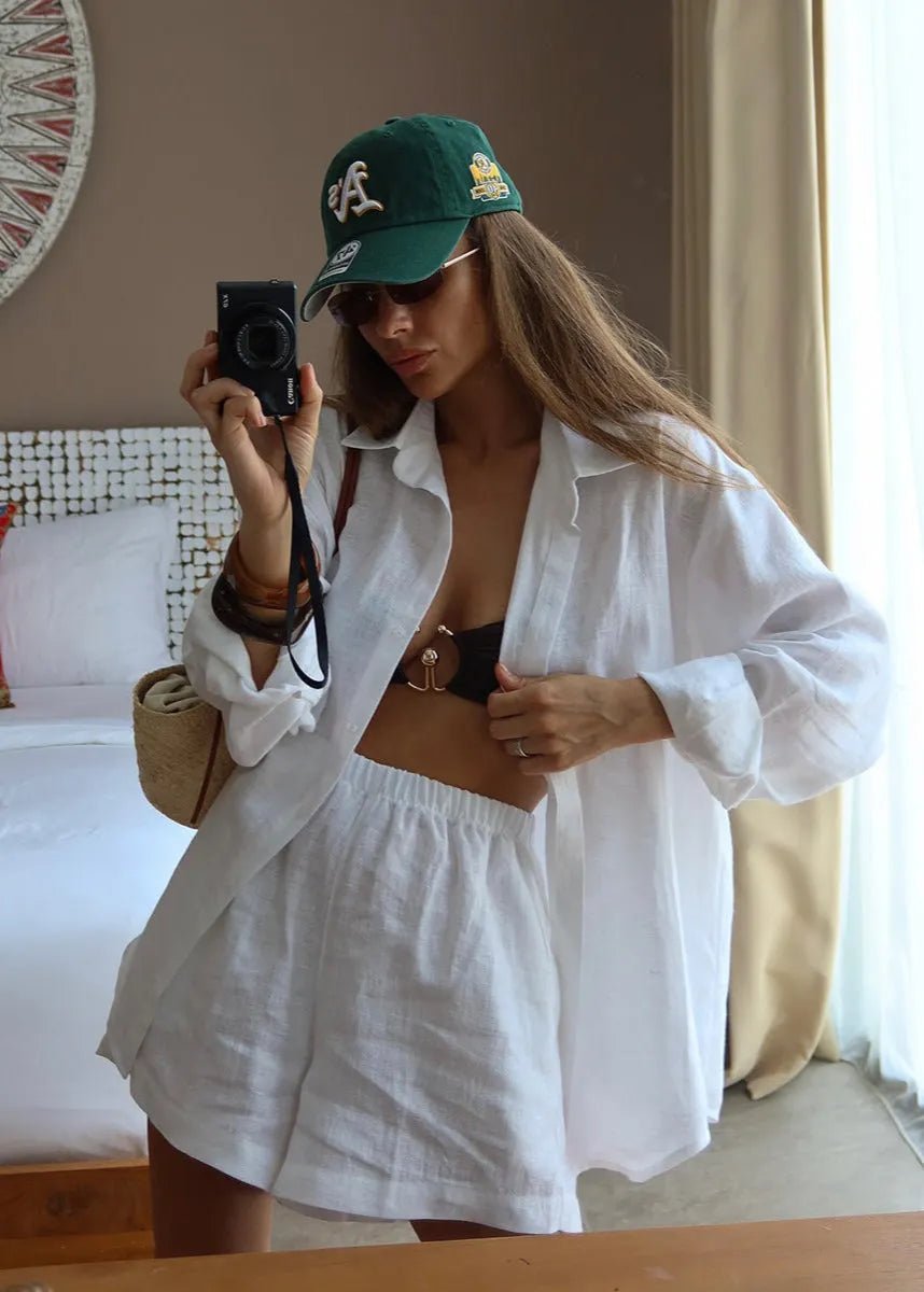 Camille vitt bomullsskjorta- och shorts-set