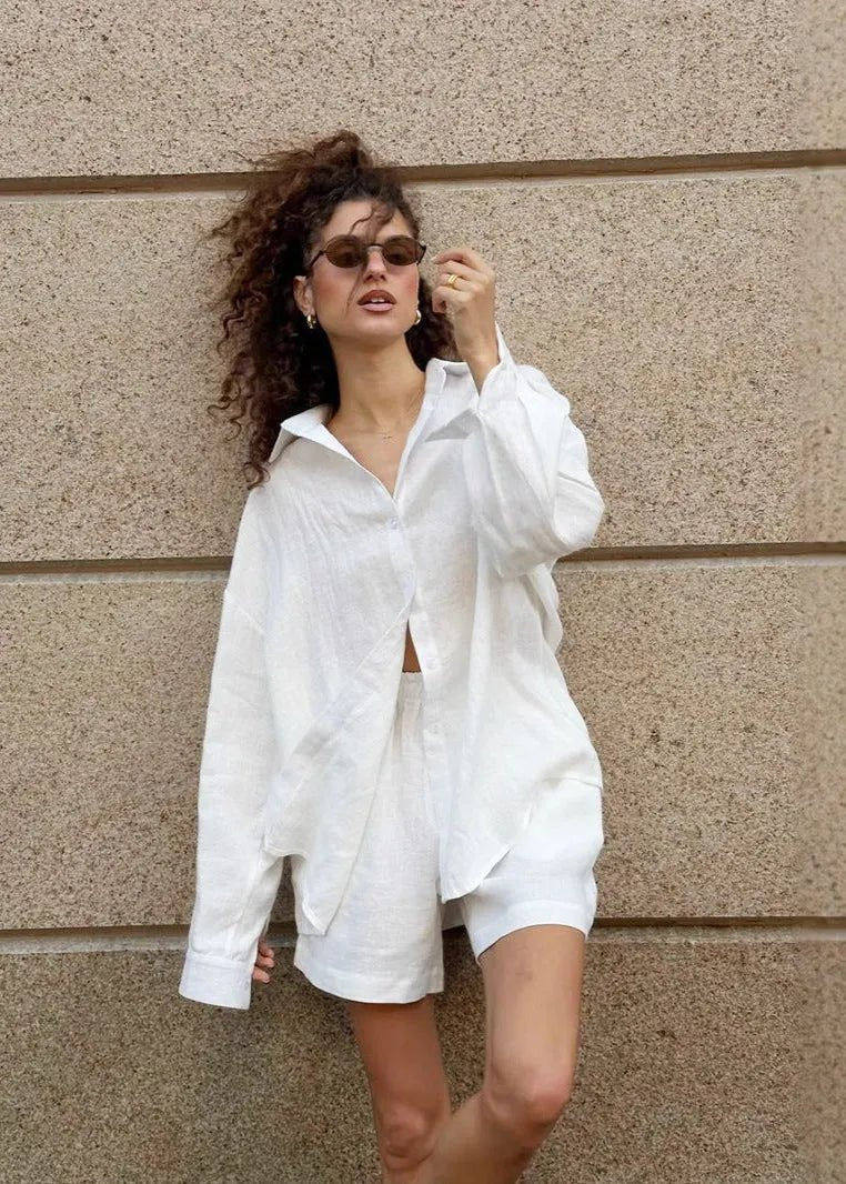 Camille vitt bomullsskjorta- och shorts-set