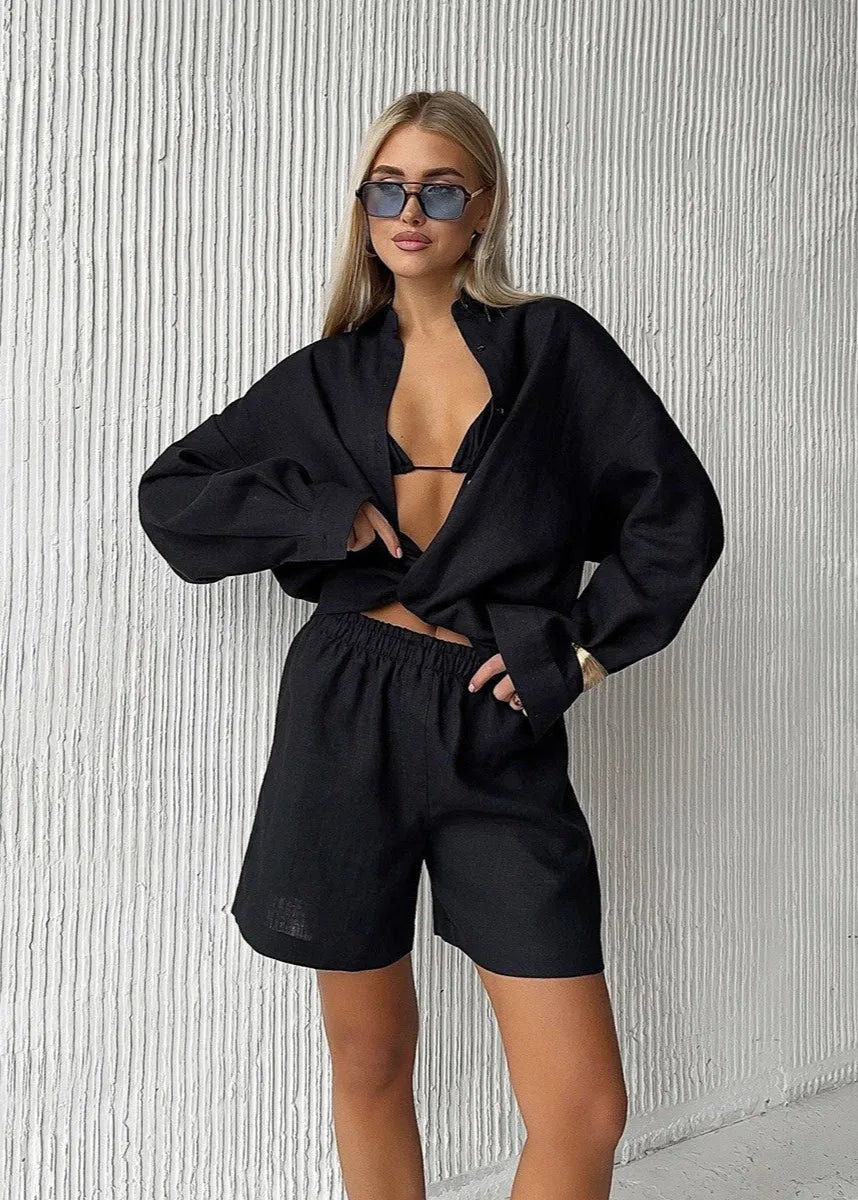 Camille vitt bomullsskjorta- och shorts-set