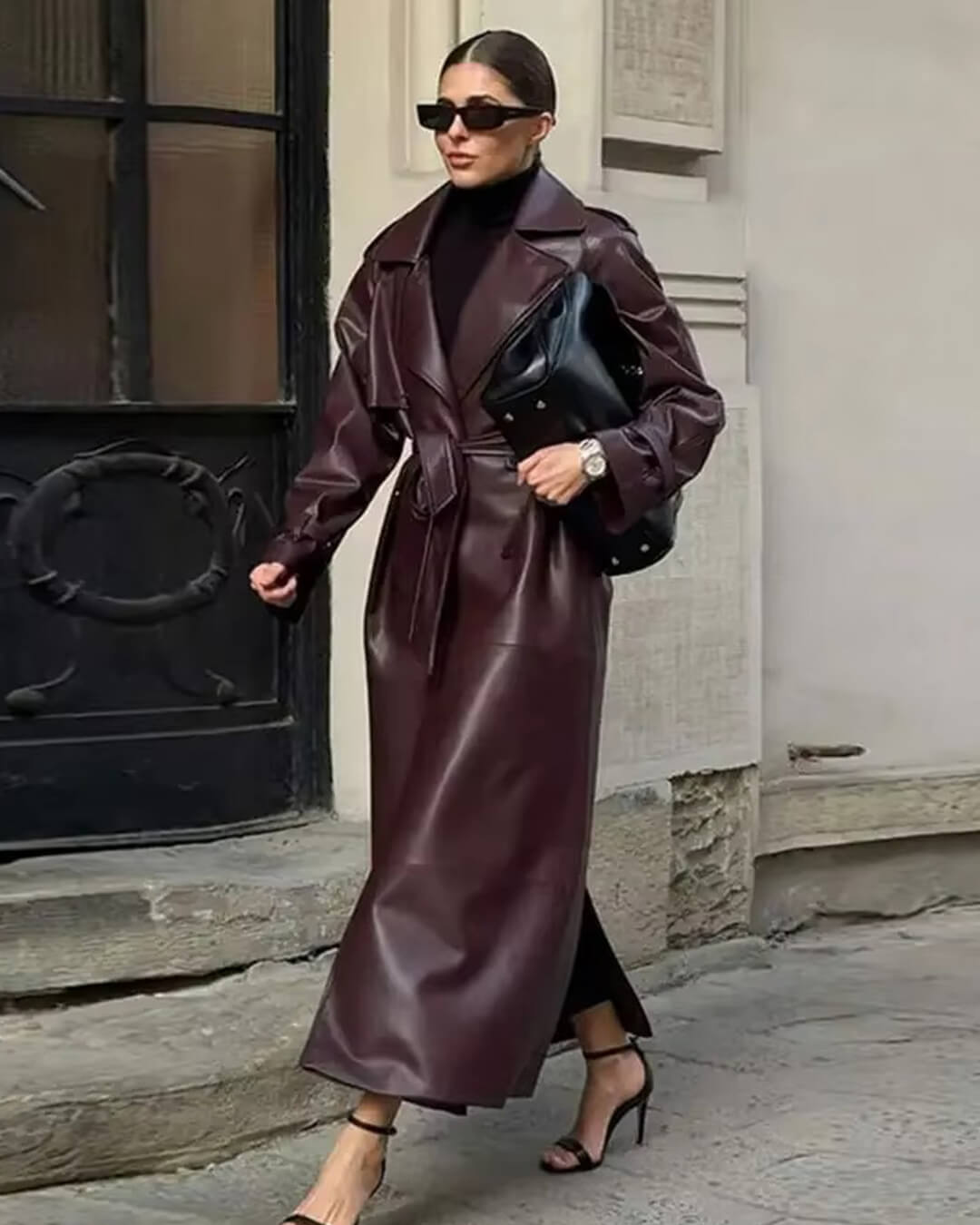 Cassy lång trenchcoat i konstläder