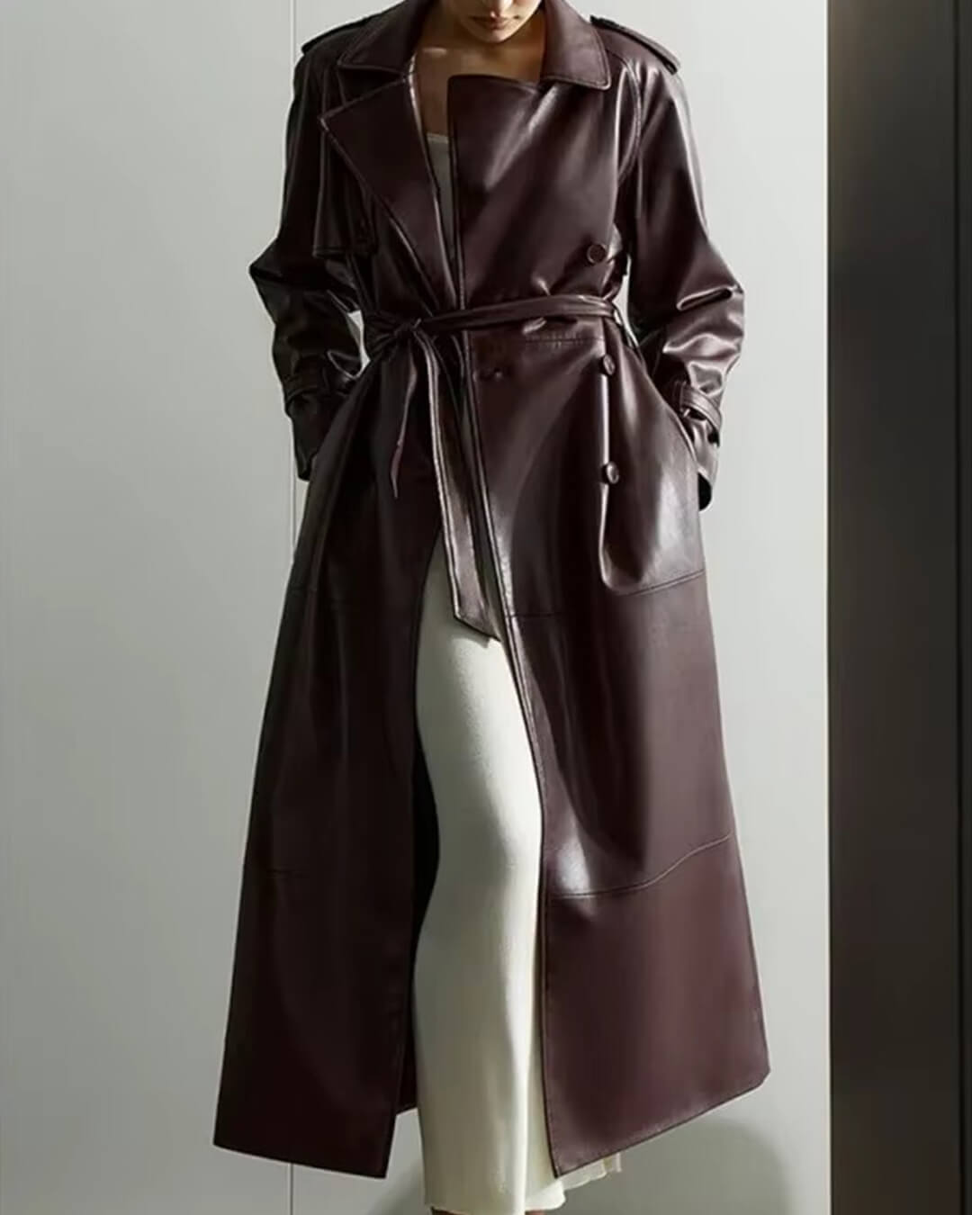 Cassy lång trenchcoat i konstläder