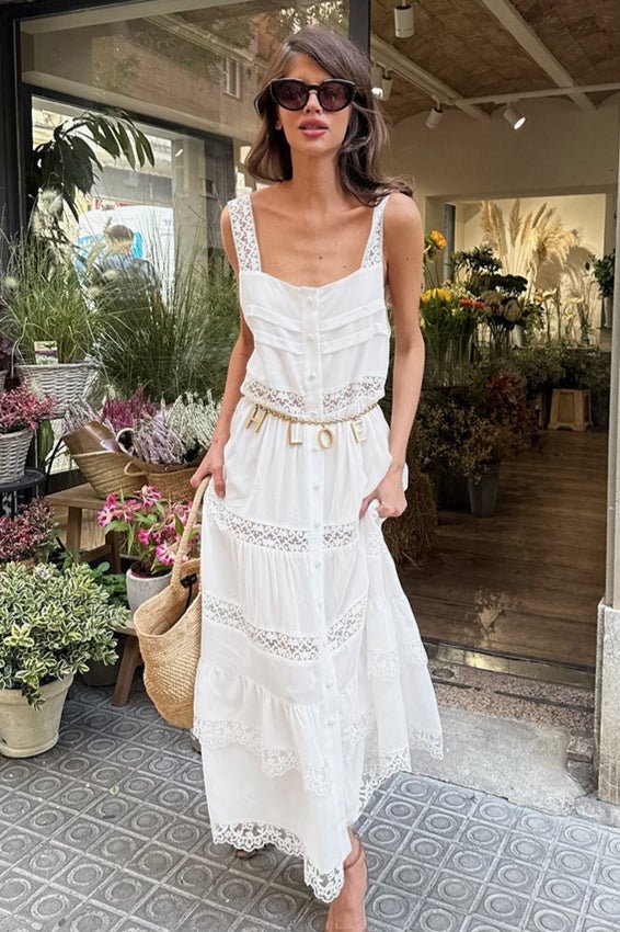 Celeste boho-maxiklänning med spets, patchwork och volanger
