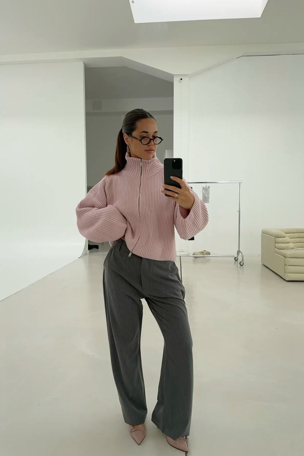 Daniela oversized ribbstickad tröja med dragkedja
