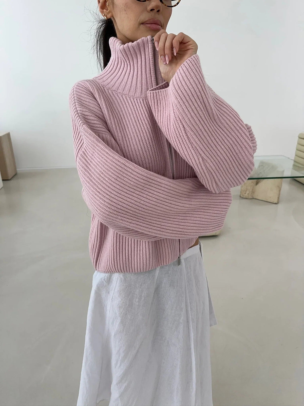 Daniela oversized ribbstickad tröja med dragkedja