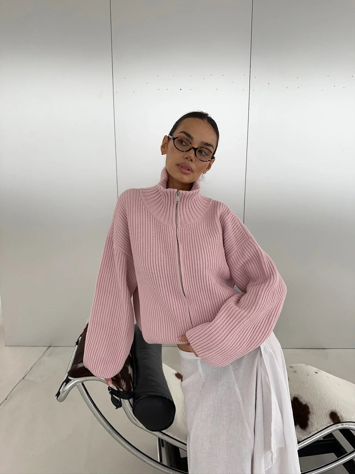 Daniela oversized ribbstickad tröja med dragkedja