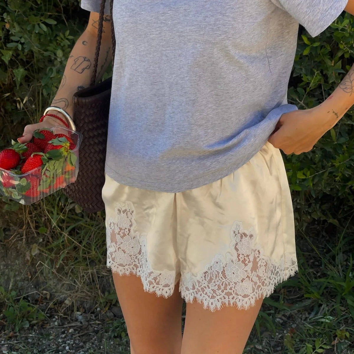 Dominique Satin-Finish Lace Shorts