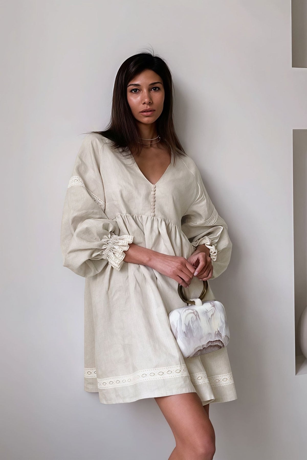 Beatrice Cotton Linen V-Neck Lantern Sleeve Mini Dress