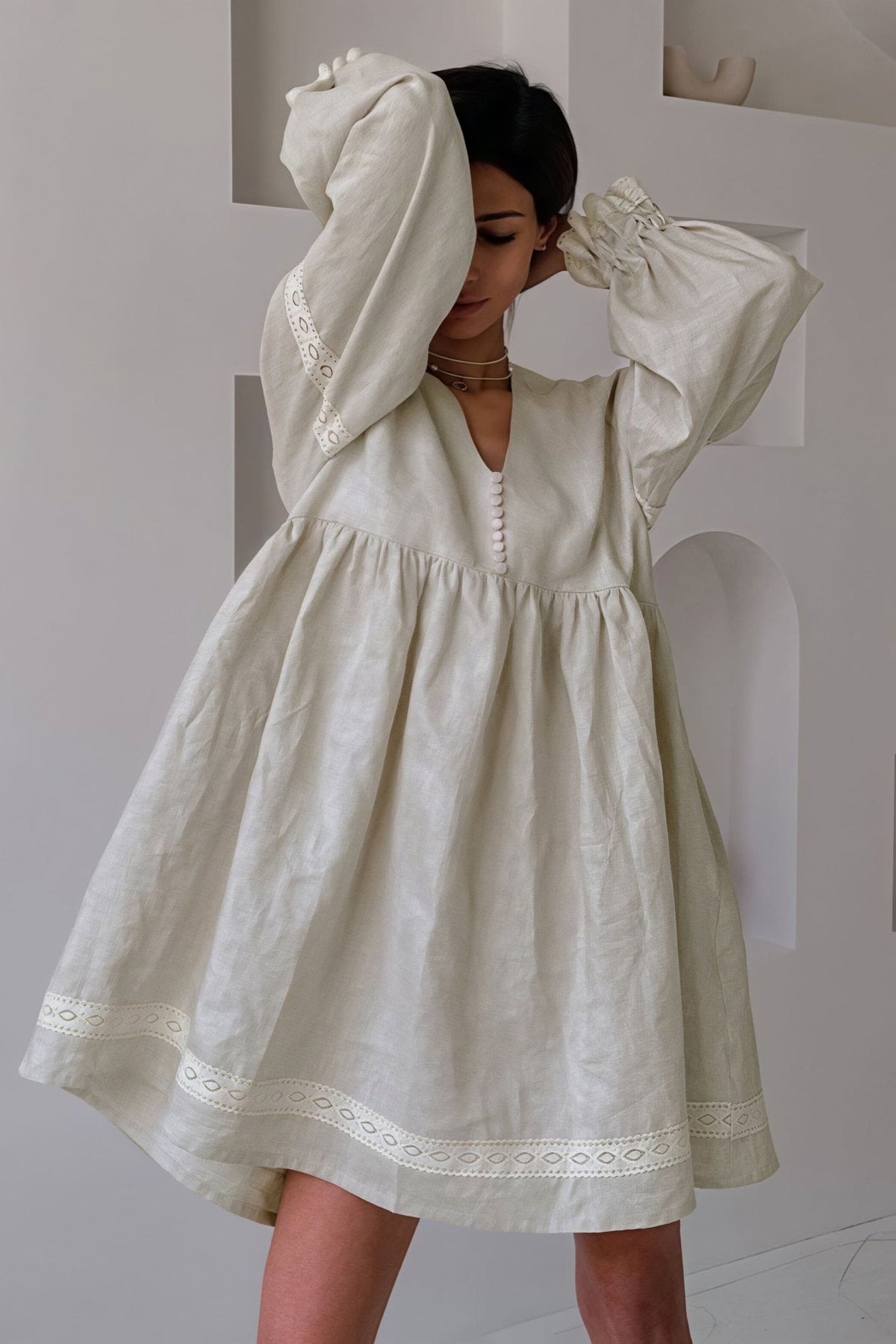 Beatrice Cotton Linen V-Neck Lantern Sleeve Mini Dress