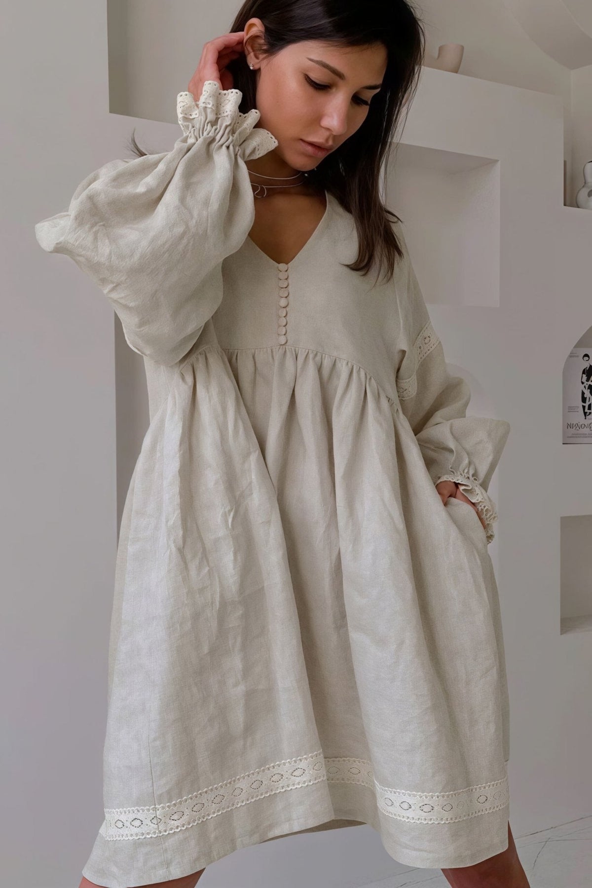 Beatrice Cotton Linen V-Neck Lantern Sleeve Mini Dress
