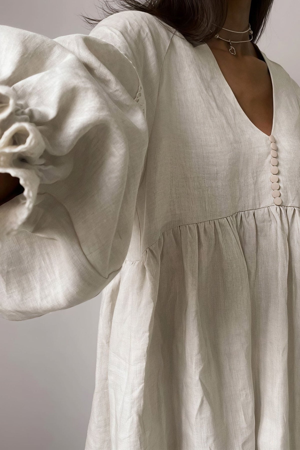 Beatrice Cotton Linen V-Neck Lantern Sleeve Mini Dress