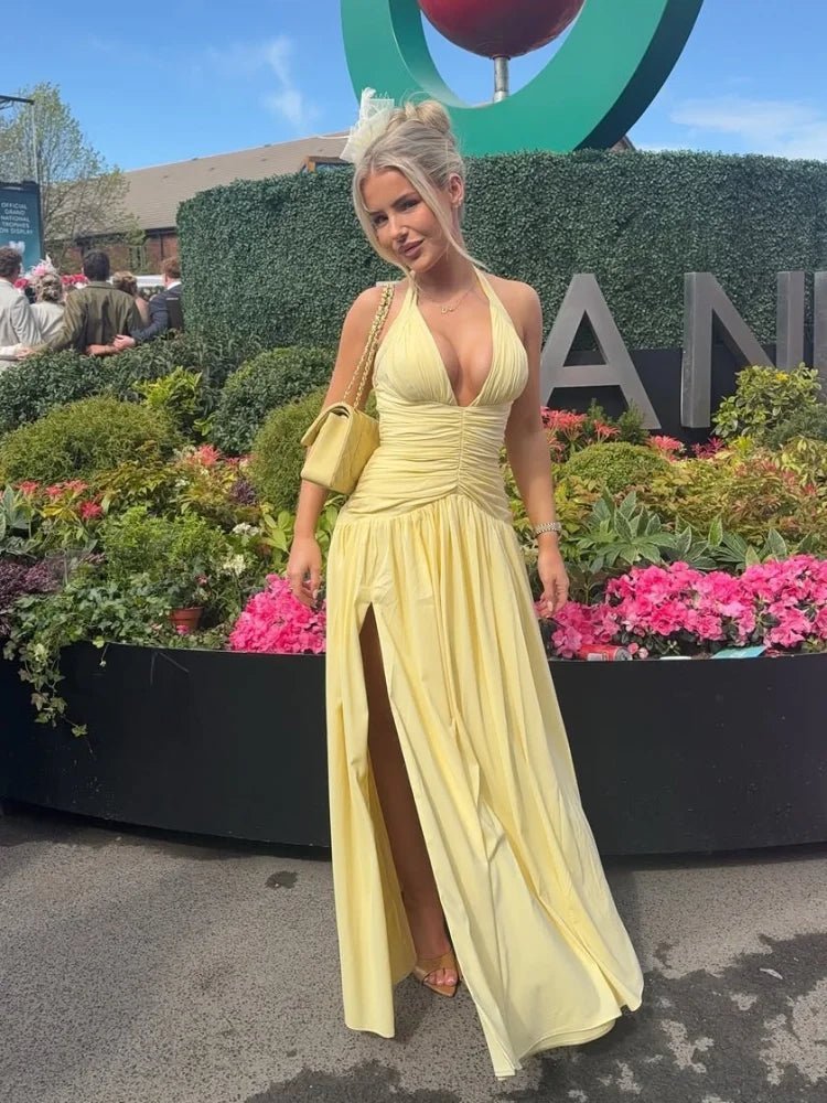 Helena Deep V Ruched Maxi Dress with Slit