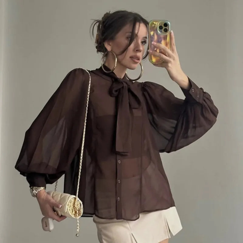 Flavia transparent blus med rosett i halsen