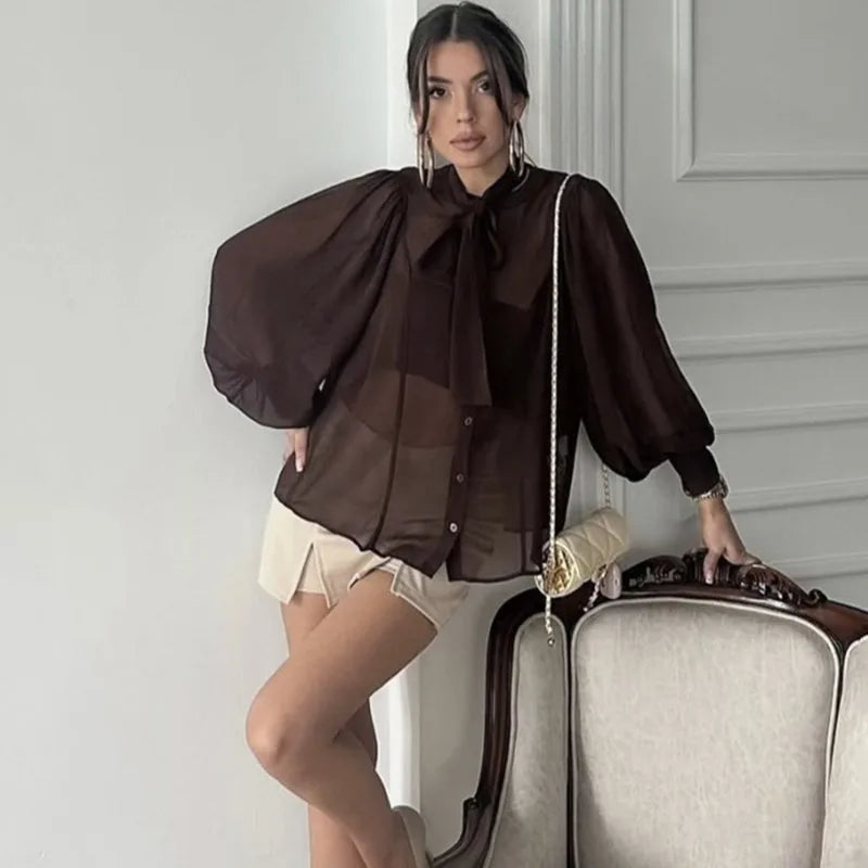 Flavia transparent blus med rosett i halsen