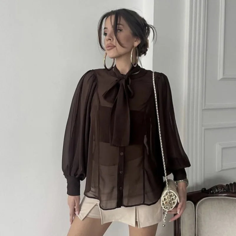Flavia transparent blus med rosett i halsen