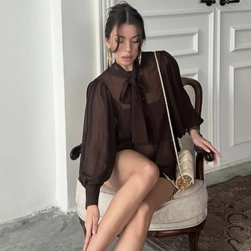 Flavia transparent blus med rosett i halsen
