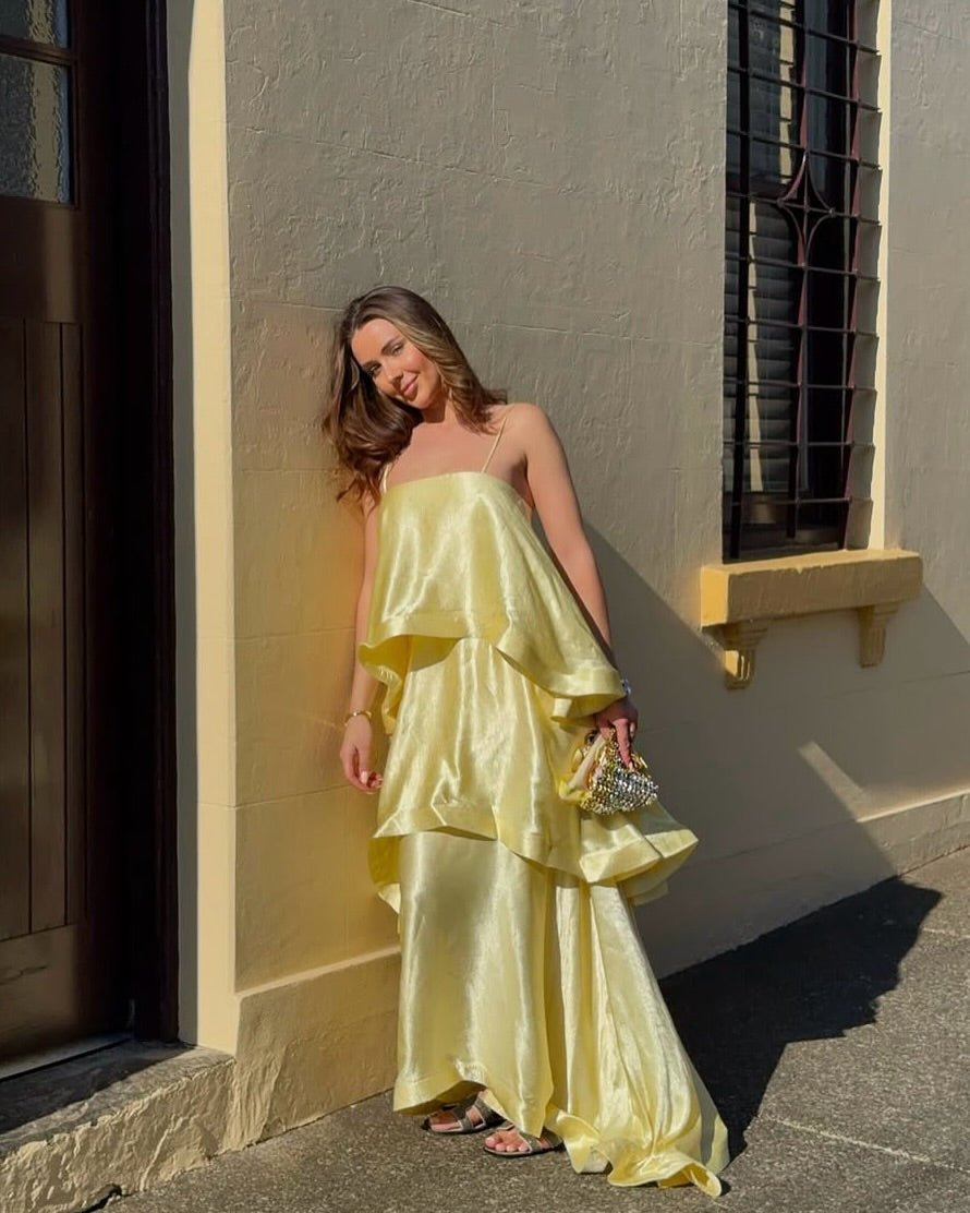 Nadia Tiered Ruffle Satin Maxi Dress