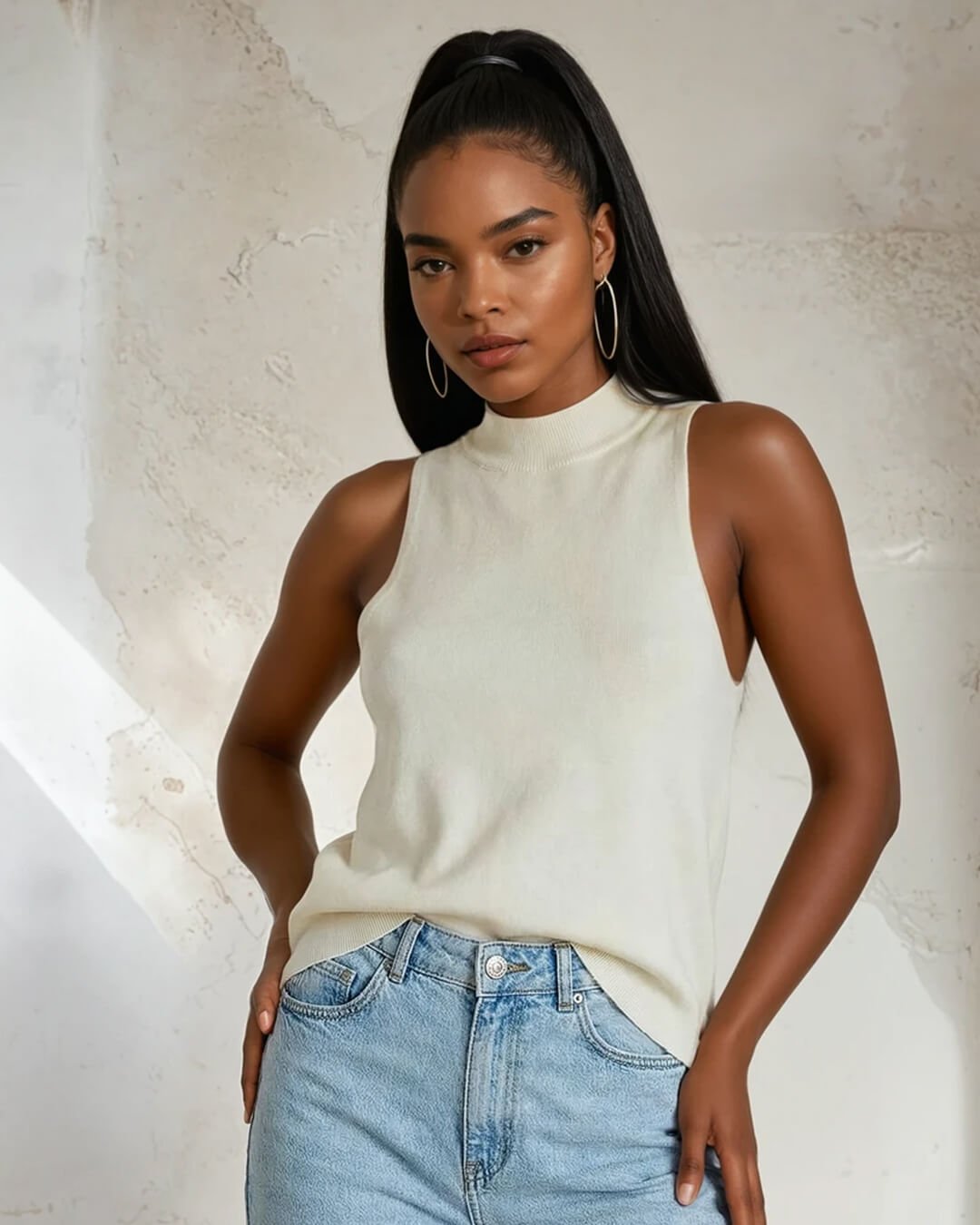 Nicky, ärmlös stickad croptop med halterneck