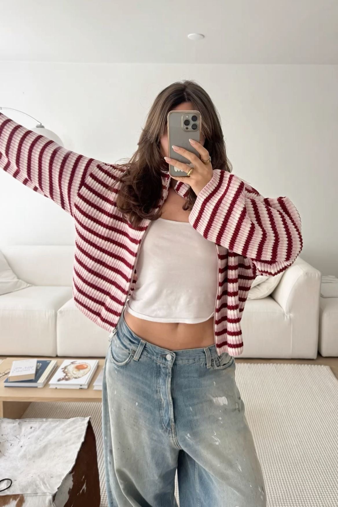Nora oversized randig stickad tröja med dragkedja