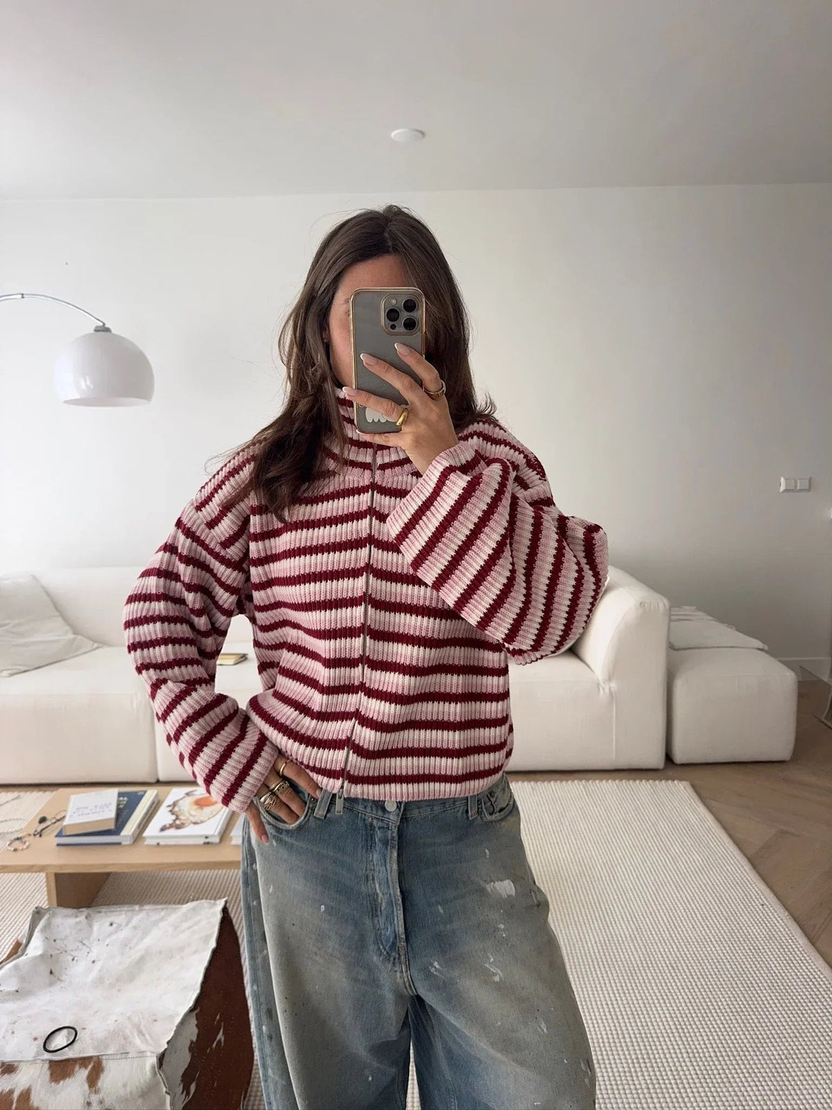Nora oversized randig stickad tröja med dragkedja