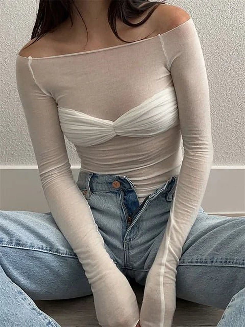 Sara genomskinlig mesh-topp med bara axlar