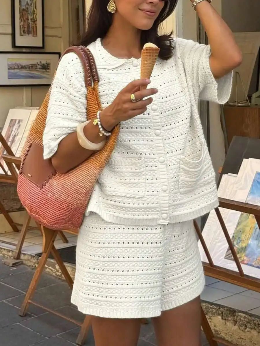 Sasha enfärgat stickat set med kofta och shorts