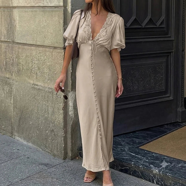 Sophia Puff Sleeve Lace-Up Maxi Dress