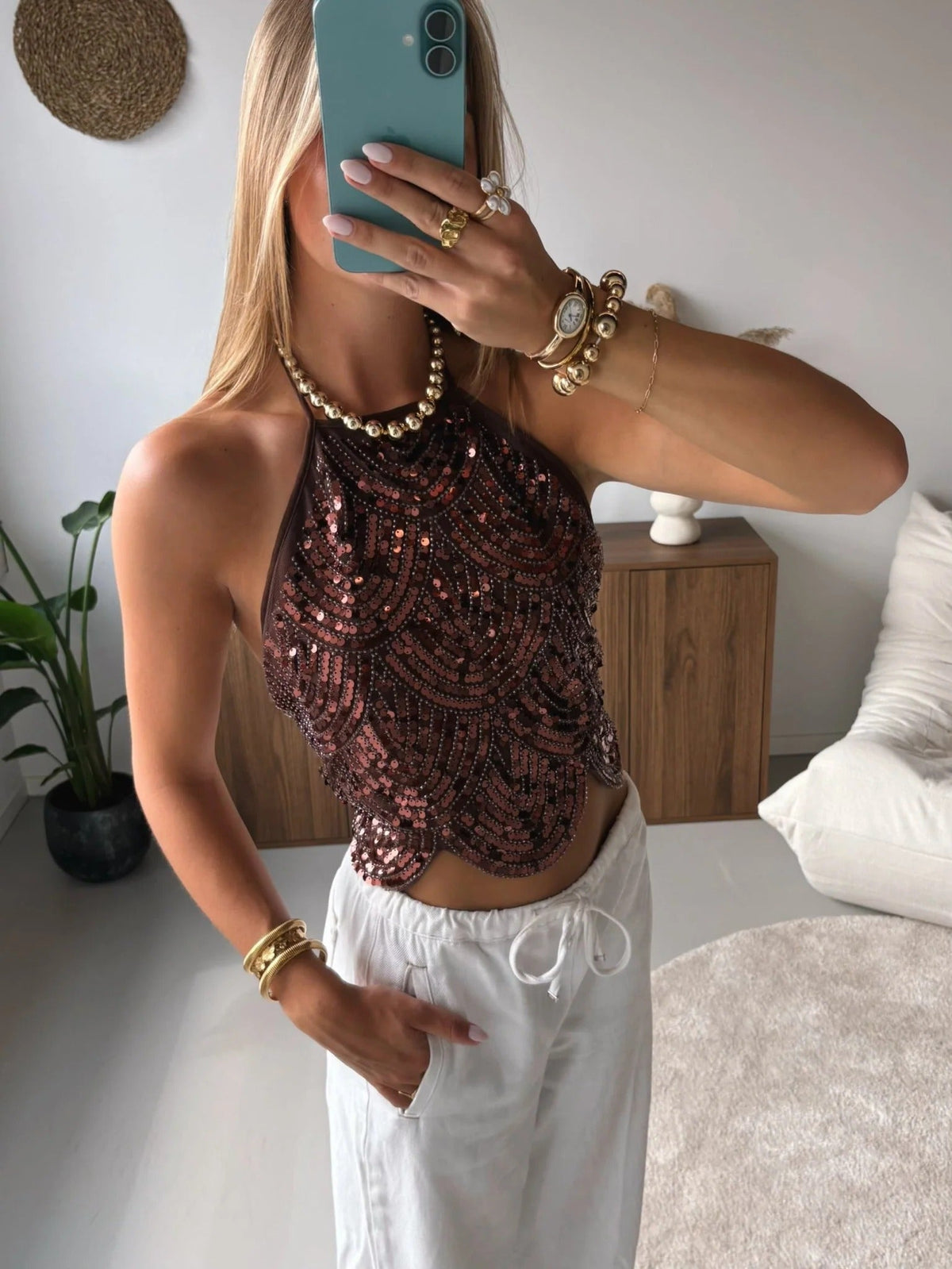 Sophia paljettopp med halterneck