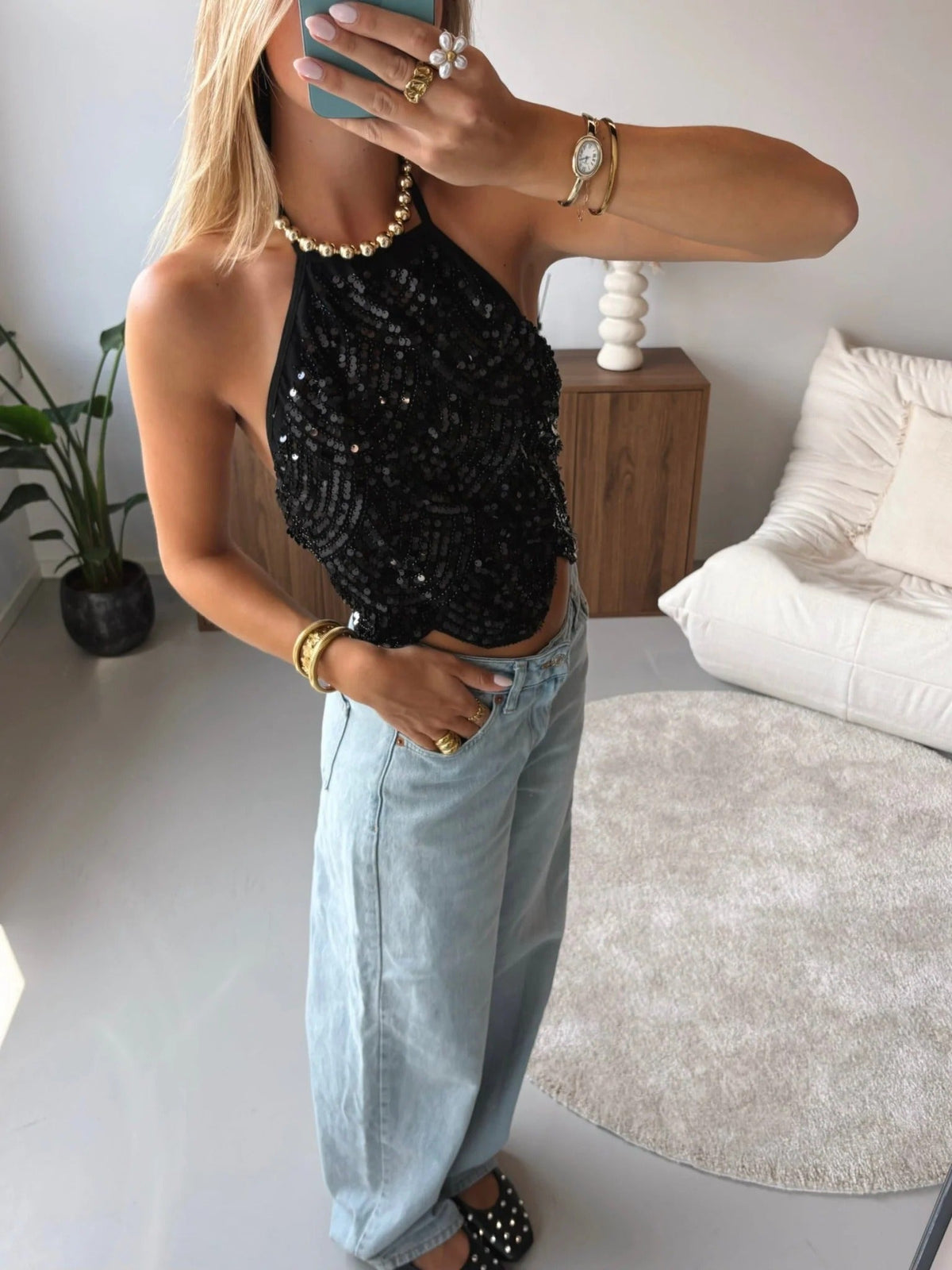 Sophia paljettopp med halterneck