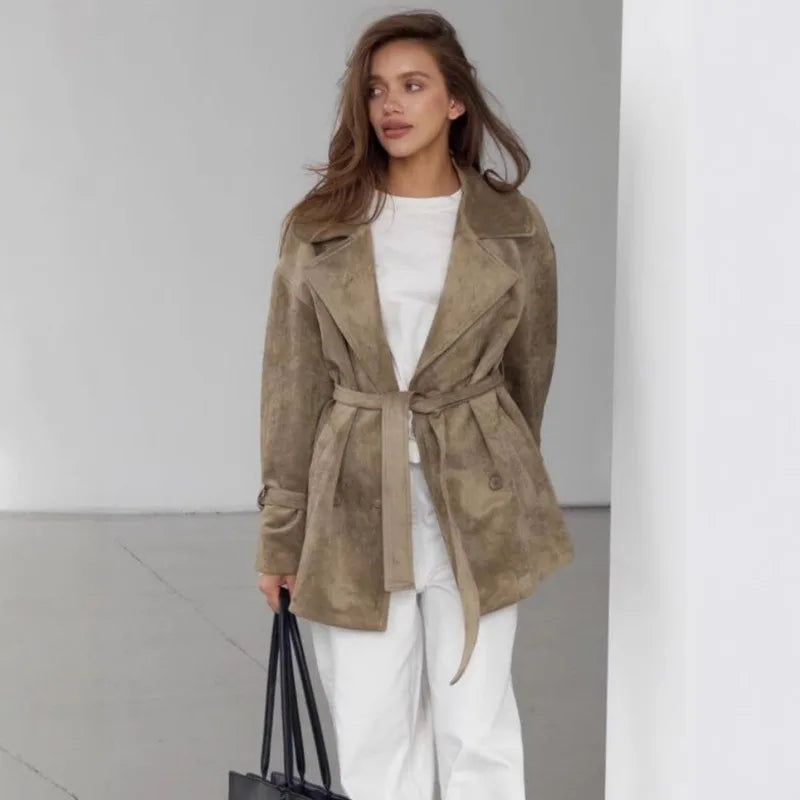 Faux Suede V-Neck Long Sleeve Coat