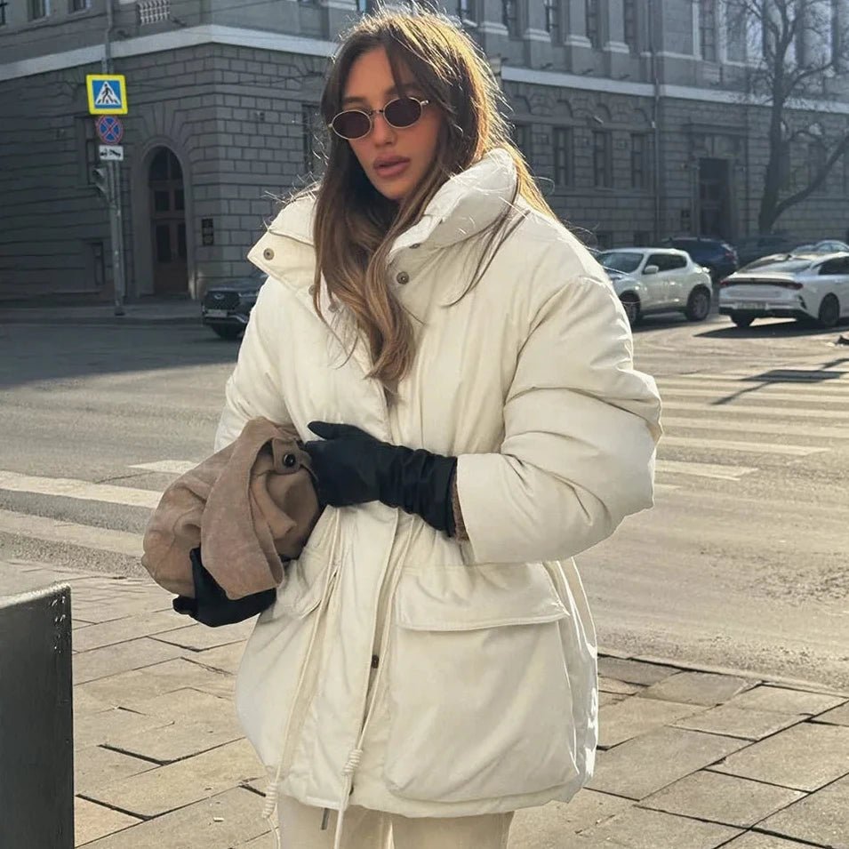 Oda Stand-Collar Padded Coat in ivory – styled look