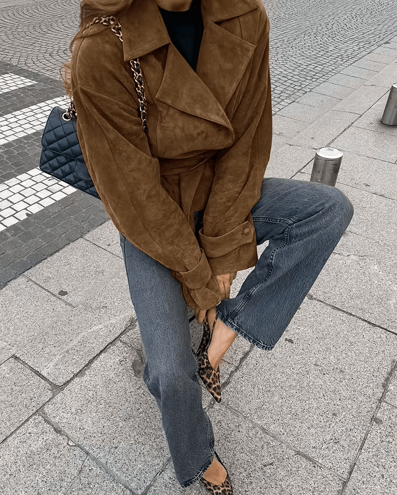 Siena Belted Faux Suede Wrap Jacket in tan brown – styled look