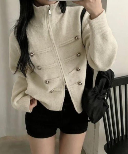Sofie Turtleneck Zip Knit Cardigan in cream – styled look
