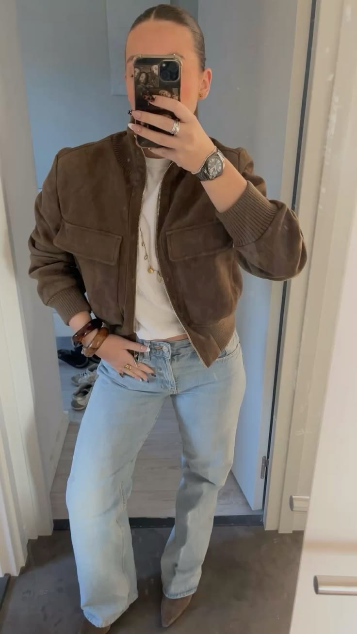 Stella Faux Suede Bomber Jacket in olive brown – styled look